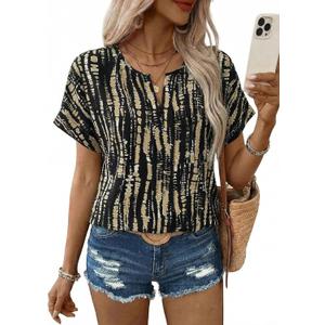 SHEWIN Women's Casual V Neck Floral Print Chiffon Blouses 3/4 Sleeve Boho Summer Tops Shirts (Black, L)