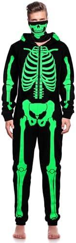 SOMSOC Men Halloween Skeleton Costume Glow in the Dark Adult Skeleton Onesie with Skull Face Cover Size L