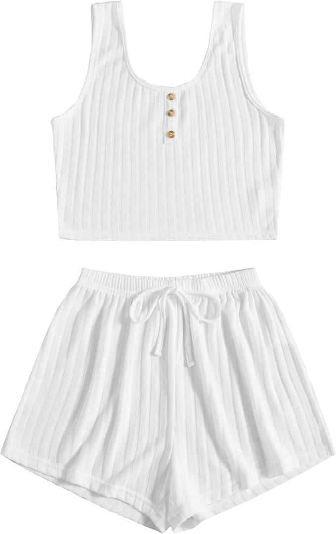 SOLY HUX Women's Button Front Ribbed Knit Tank Top and Shorts Pajama Set Sleepwear Lounge Sets (White, L)