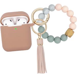 Compatible with AirPods Case Cover, Soft Silicone Protective Cover with Bracelet Keychain, Compatible with Apple AirPods 2nd 1st Generation Charging Case (Milk Tea)
