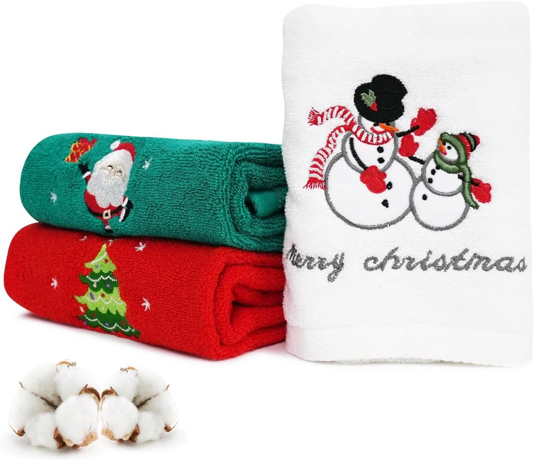 FreeCon Christmas Hand Towels 3 Pack, Cotton Dish Washcloth for Kitchen, Soft & Embroidered Bath Towel for Bathroom Super Absorbent, Cute Holiday Decoration Set for Home (13"29") (Large)