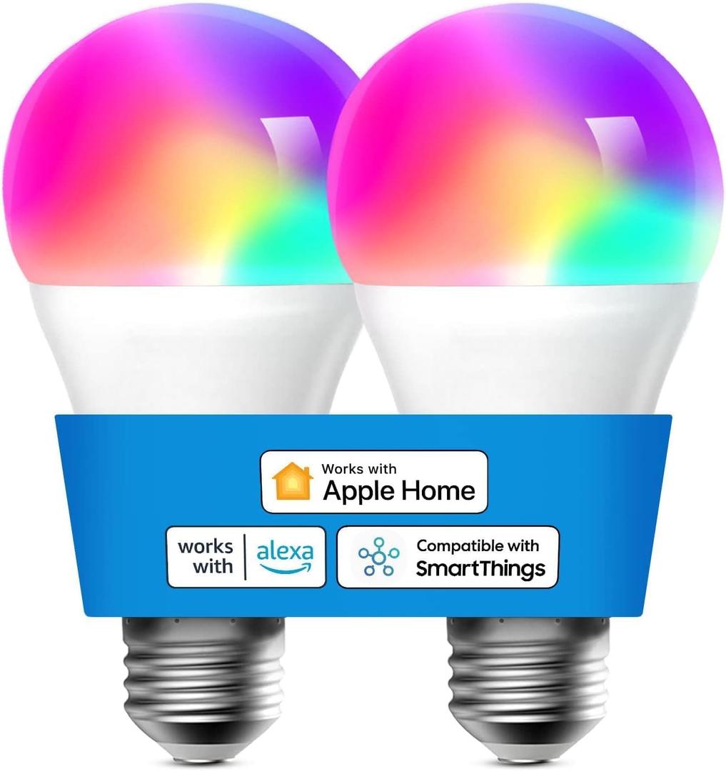 Meross Smart Light Bulb, Smart WiFi LED Bulbs Compatible with Apple HomeKit, Siri, Alexa, SmartThings, Dimmable E26 Multicolor 2700K-6500K RGBWW, 900 Lumens 60W Equivalent 2 Pack