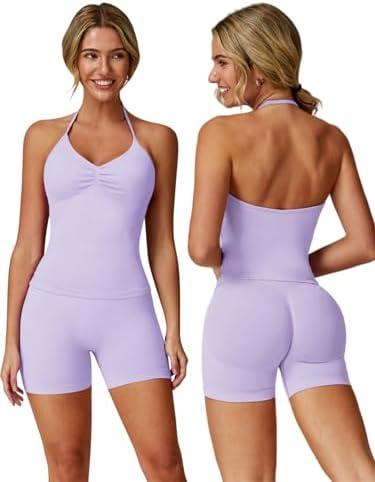 ABOCIW Workout Sets for Women 2 Piece Seamless Impact Longline Strappy Top Scrunch Butt High Waist Biker Shorts Gym Set,M Lilac