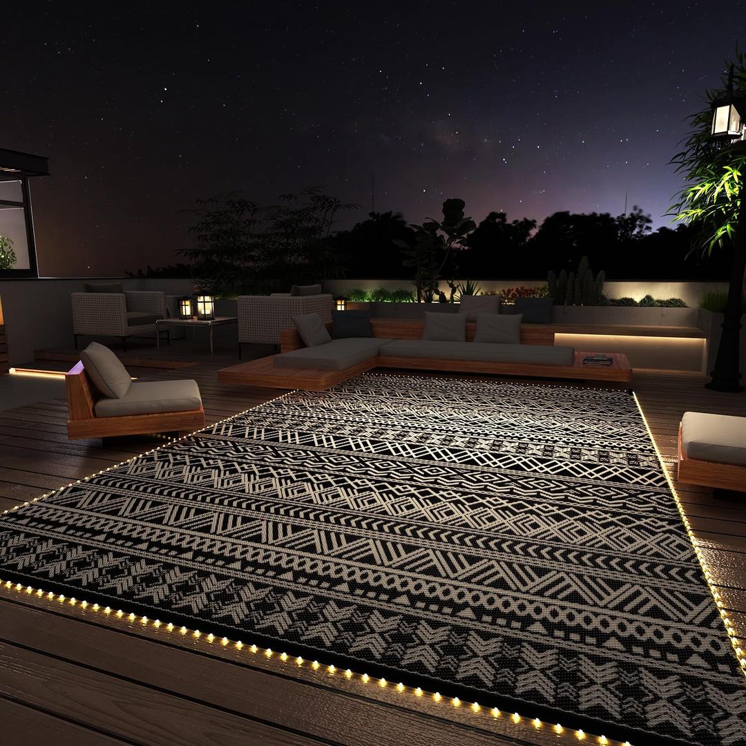 MontVoo-Outdoor Rug Carpet 6x9 ft for Patio RV Camping with Led Strip Lights Waterproof Plastic Straw Rug Reversible Portable Outside Indoor Outdoor Rug Mat for Patio Decor Balcony Picnic-Boho