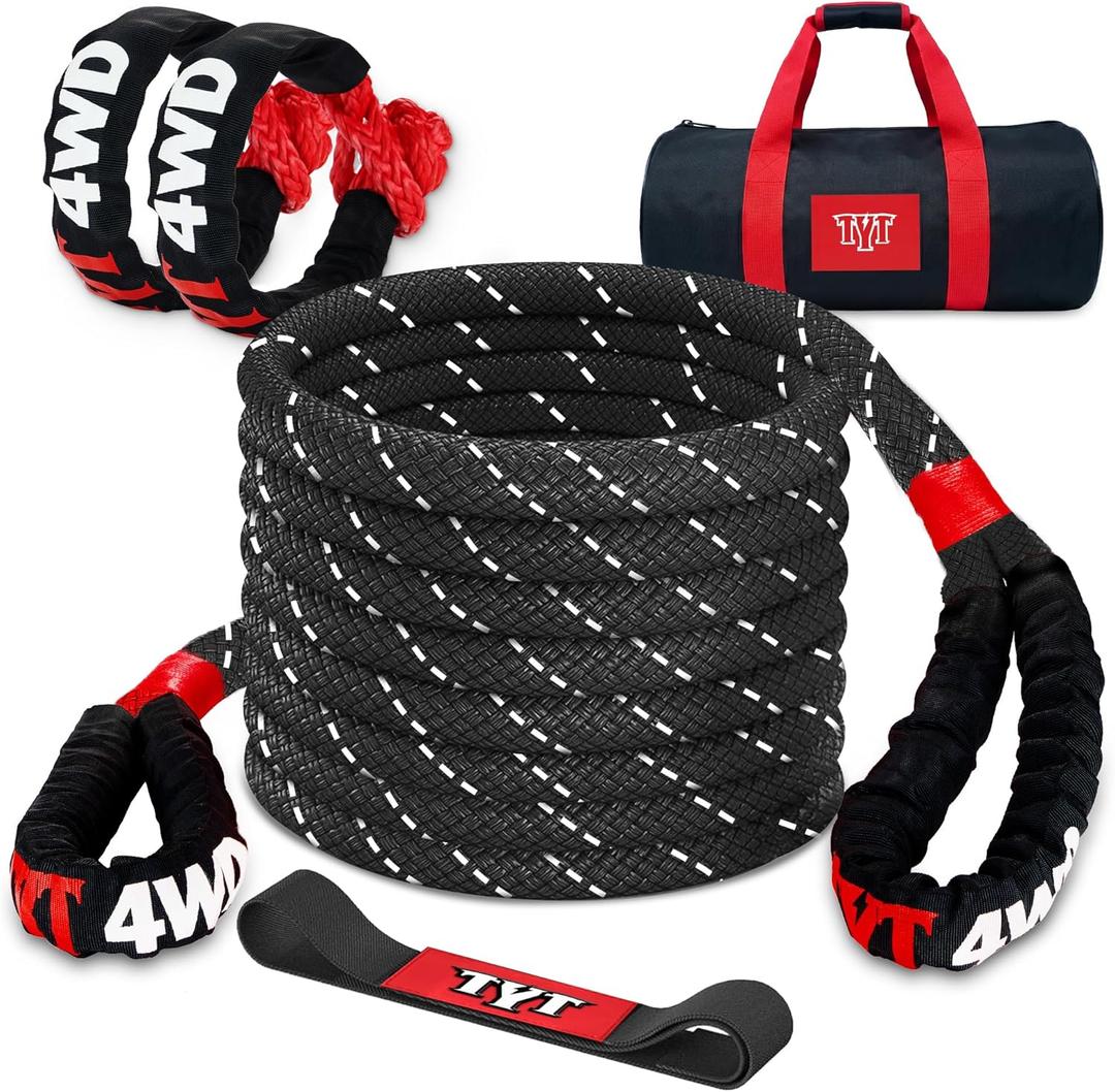 TYT Kinetic Recovery Rope,(1in x 30ft Black) 48,500lbs Snatch Strap, Heavy Duty Stretch Nylon Towing Ropes with 2pcs Soft Shackles for Offroad Vehicle,Jeep,SUV,ATV,UTV,Tractor Elastic Ropes Kit