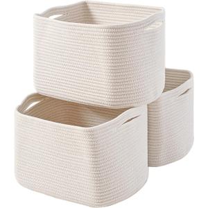 ICERZCZ Storage Baskets for Organizing Shelves, Woven Cotton Rope Bins for Baby Nursery Organization, Book Toy Towel Organizer, 15"x11"x9.5", 3 Packs, Off White