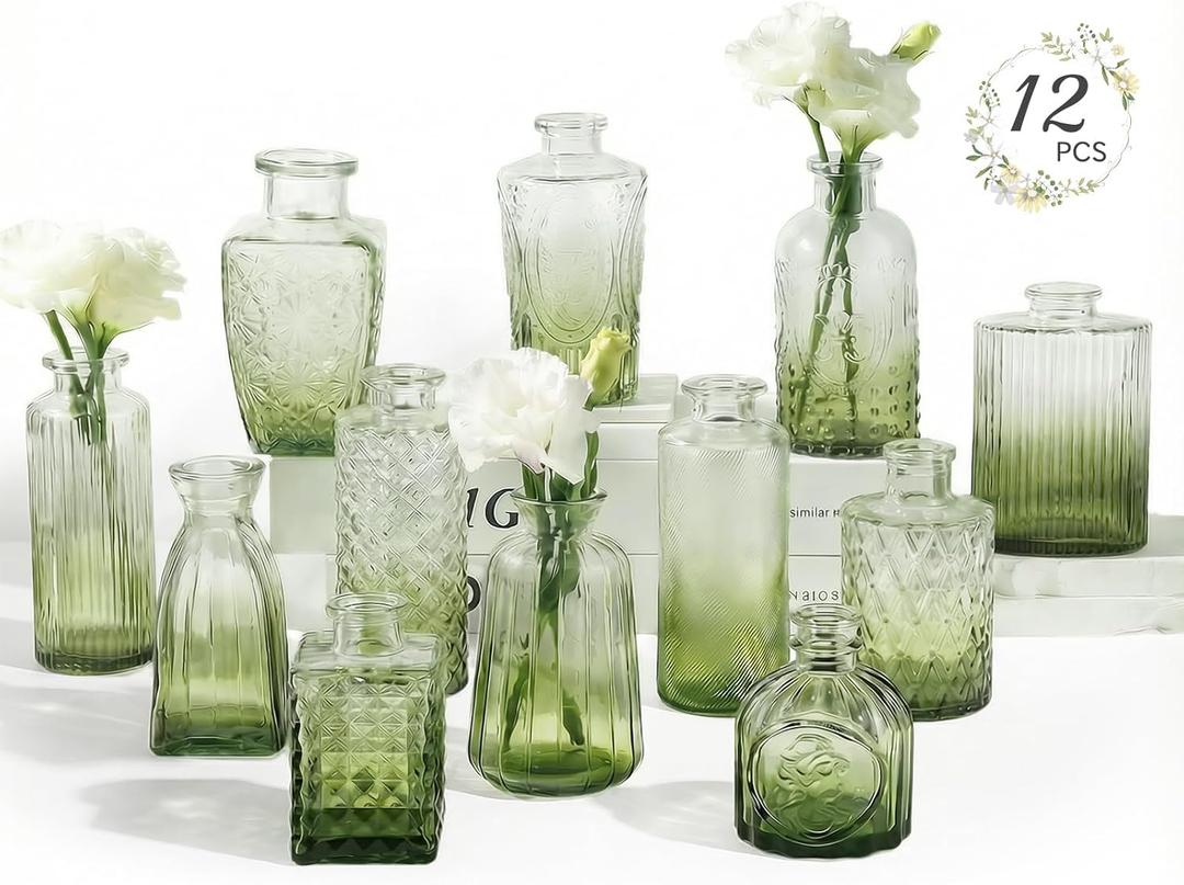 RUCKAE 12 Pack Glass Bud Vases Mini Flower Vase Small Vintage Vases for Centerpiece Table Wedding Decorations Home Decor Party (Gradient Green)