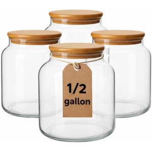 kitchentoolz 1/2 Gallon Mason Jar - Borosilicate Half Gallon Mason Jars Large - 64oz Wide Mouth Big Storage with Wooden Lid - Half Gallon Glass Jar - 4 Pack