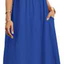 Kubsid Long Blue M Dresses for Women 2024 Summer Cotton Linen Solid Short Sleeve Gauze Dress Crewneck Loose Casual Beach Vacation Flowy Short Dress with Pockets (Blue)