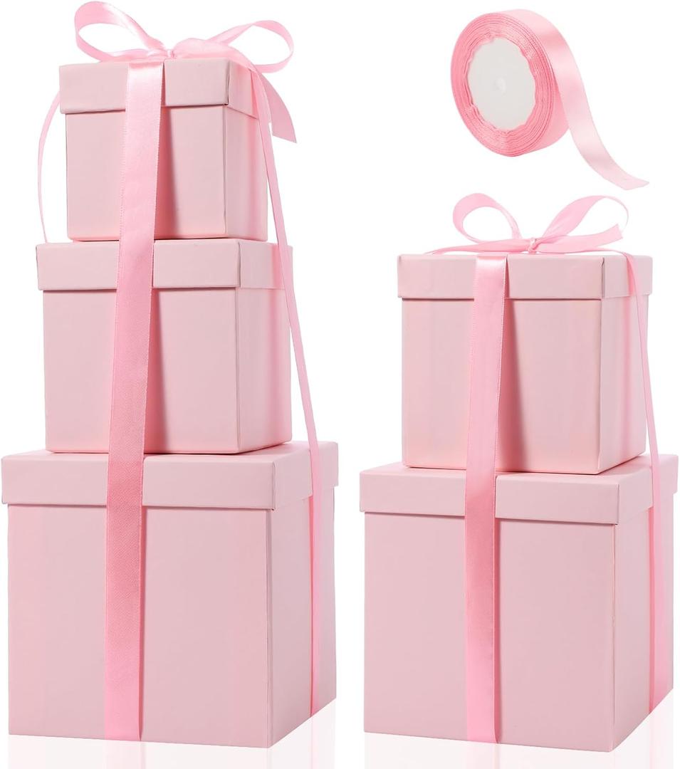 Cholemy 5 Pcs Square Nesting Boxes Decorative Gift Boxes with Lid and Ribbon Assorted Sizes Wrap for Wedding, Thanksgiving, Christmas, Anniversary, Birthday, Bridal Party(Pink)