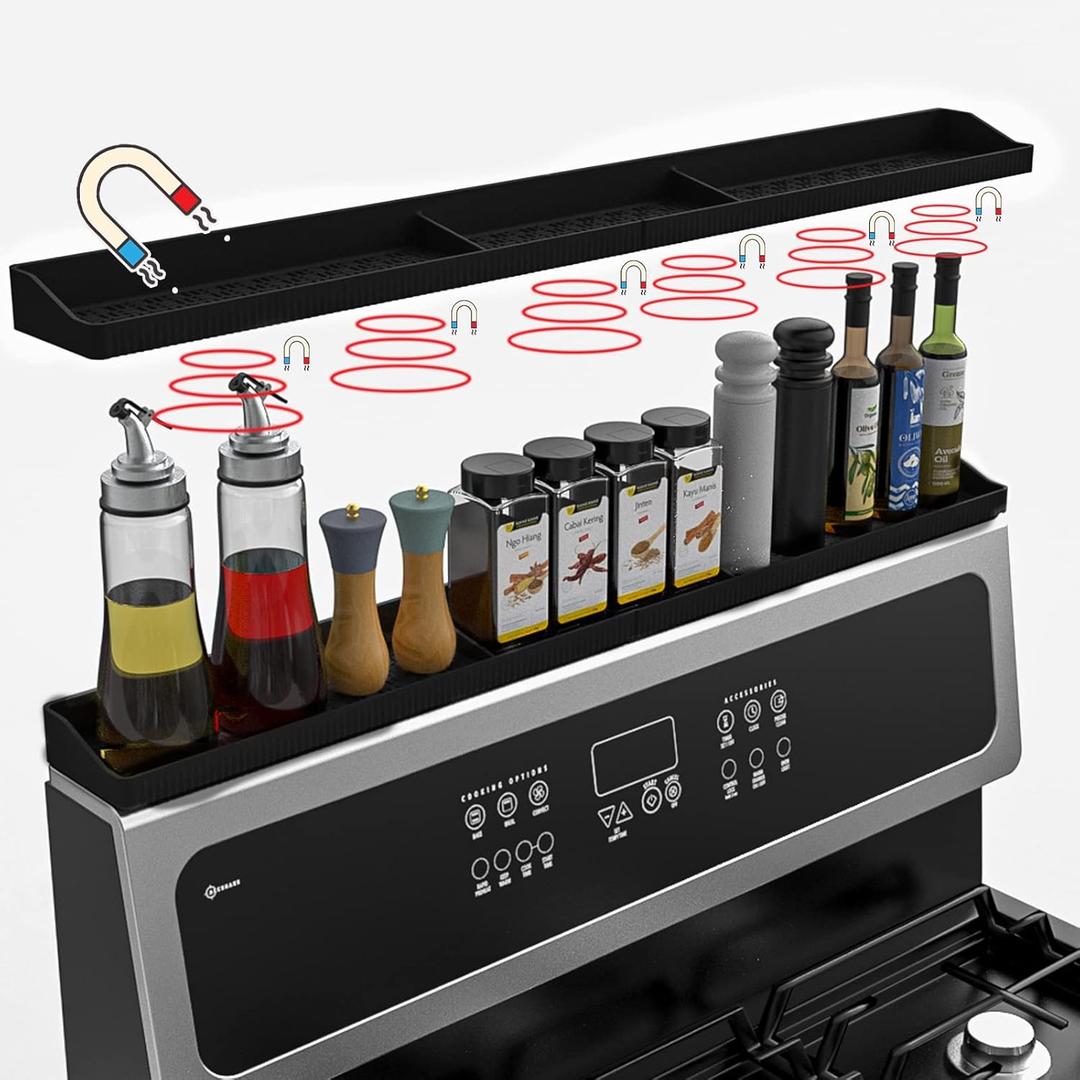 30 Inch Silicone Stove Top Shelf Magnetic for Kitchen, Strong Magnetic Heat Resistant Spice Rack Organizer for Over Stove Oven - (Black)