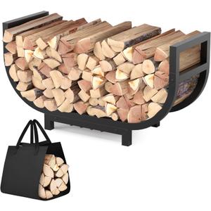 30-inch Firewood Rack Outdoor Indoor with Log Carrier Bag, Stable Log Holder Rustproof Metal Wood Rack for Fireplace Patio Deck Firepit, Heavy Duty Firewood Storage Organizer Tool, Black