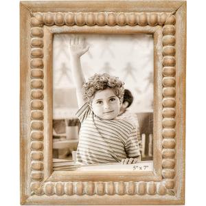 Large Rectangular Natural Wood Picture Frame With Decorative Beads- Perfect for 5x7 Single Photos - Farmhouse Gift Idea for Family and Friends