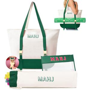 Empty Mahjong Tile Bags Set for American Tiles and Racks,Canvas Tote Bag with Mat Holder Accessories Organizer,Portable Mahjong Case Drawstring Protective Sleeve for Rack Pushers,Green
