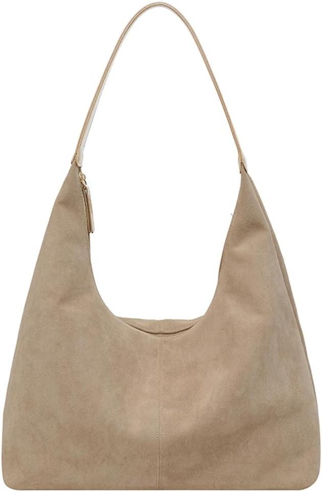 Slouchy Suede Shoulder Bags For Women Underarm Bag Womens Tote Bag Work Purses Crescent Bag Suede Handbag Travel Winter Fall (Beige)