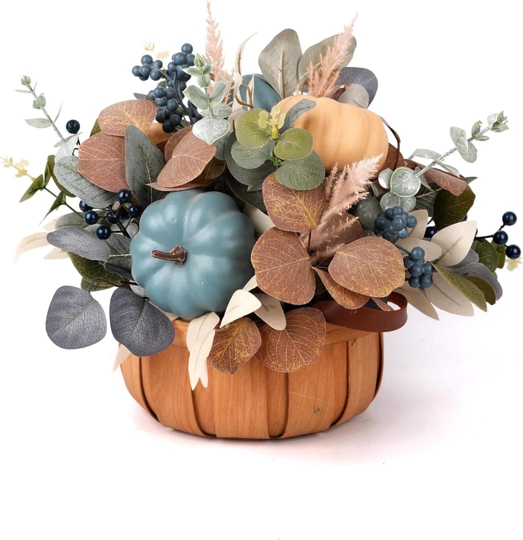Fall Decor - Faux Pumpkins, Eucalyptus Leaves and Berries in Circular Woven Basket for Table Centerpiece, Shelf, Mantel - Autumn Thanksgiving Arrangement for Home Indoor Outdoor - 10" Diameter