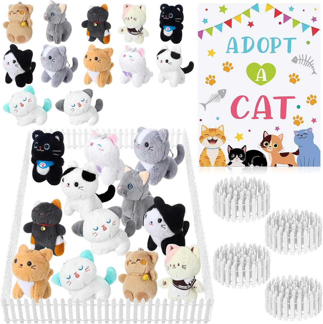 15Pcs Adopt a Pet Cat Party Favors Mini Kitten Stuffed Animals Set Includes12 Small Cat Stuffed Animals 2 White Plastic Fence 1 Sign for Adopt A Pet Party Birthday Gifts