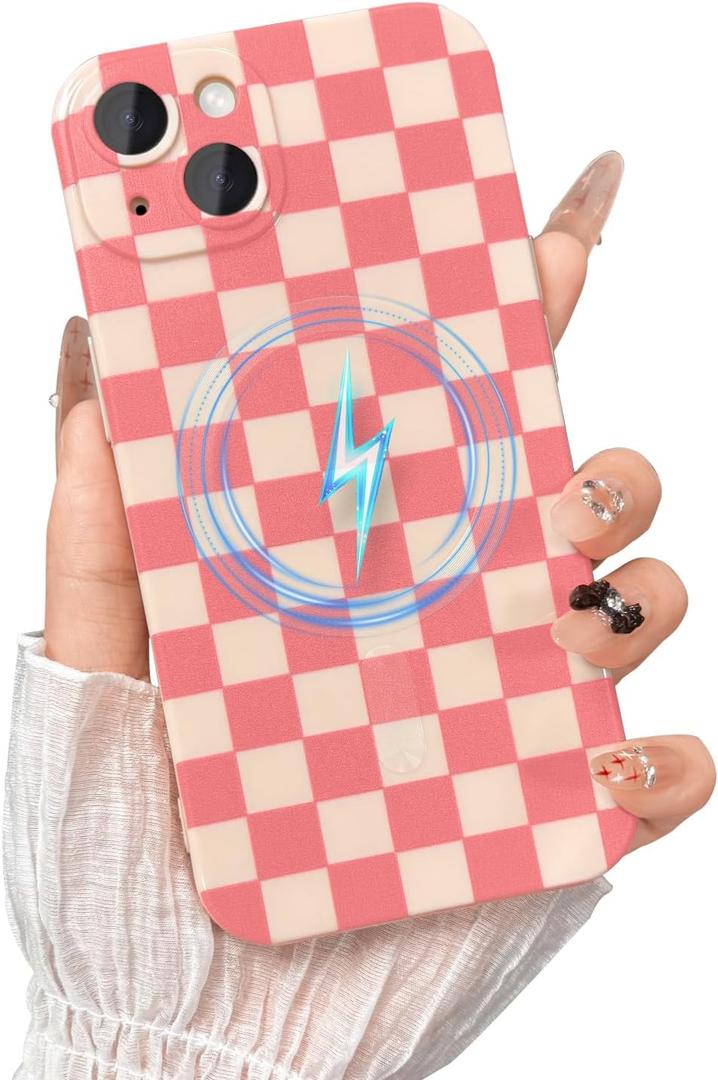 TKJSQ Magnetic for iPhone 14 Plus Case, Cute Checkerboard Checkered Pattern Aesthetic Gloss Phone Case with Full Lens Protection, Stylish Slim Soft TPU Protective Cover for iPhone 14 Plus, Pink