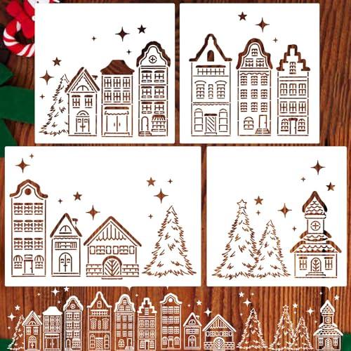 Christmas Stencils for Window Glass Large Christmas Stencils for Crafts Reusable Xmas Village House Holiday Stencil for Painting on Doormat Wood Fabrics Decor
