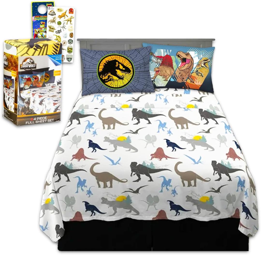 Jurassic World Bedding Set Full Size Bed - Bundle with Dinosaur Flat Sheet, Fitted Sheet, and Pillowcases for Full Bed Plus Stickers, More | Jurassic World Bedding for Boys