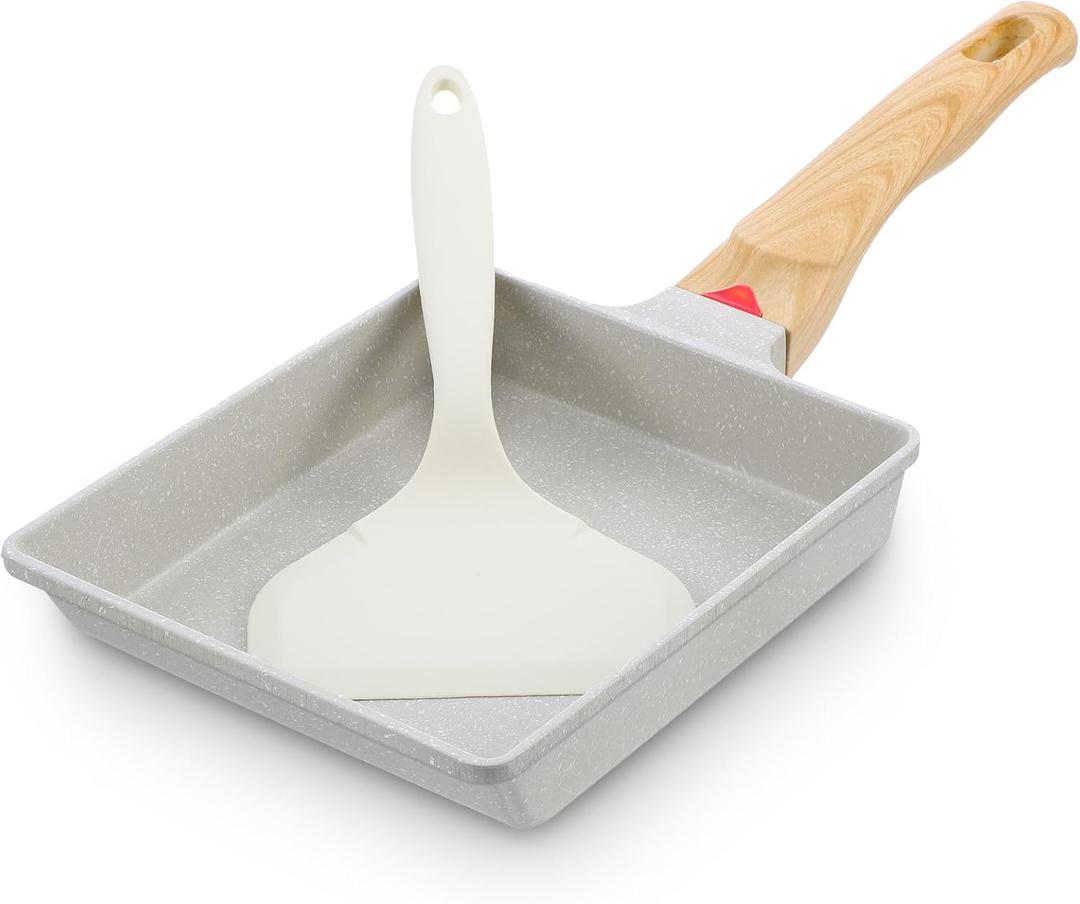 JOUTYFOR Japanese Omelette Pan, Tamagoyaki Egg Pan, Nonstick Frying Pan with Spatula, Healthy Granite Cookware, PFOS & PFOA Free, 6" x 7" (White)