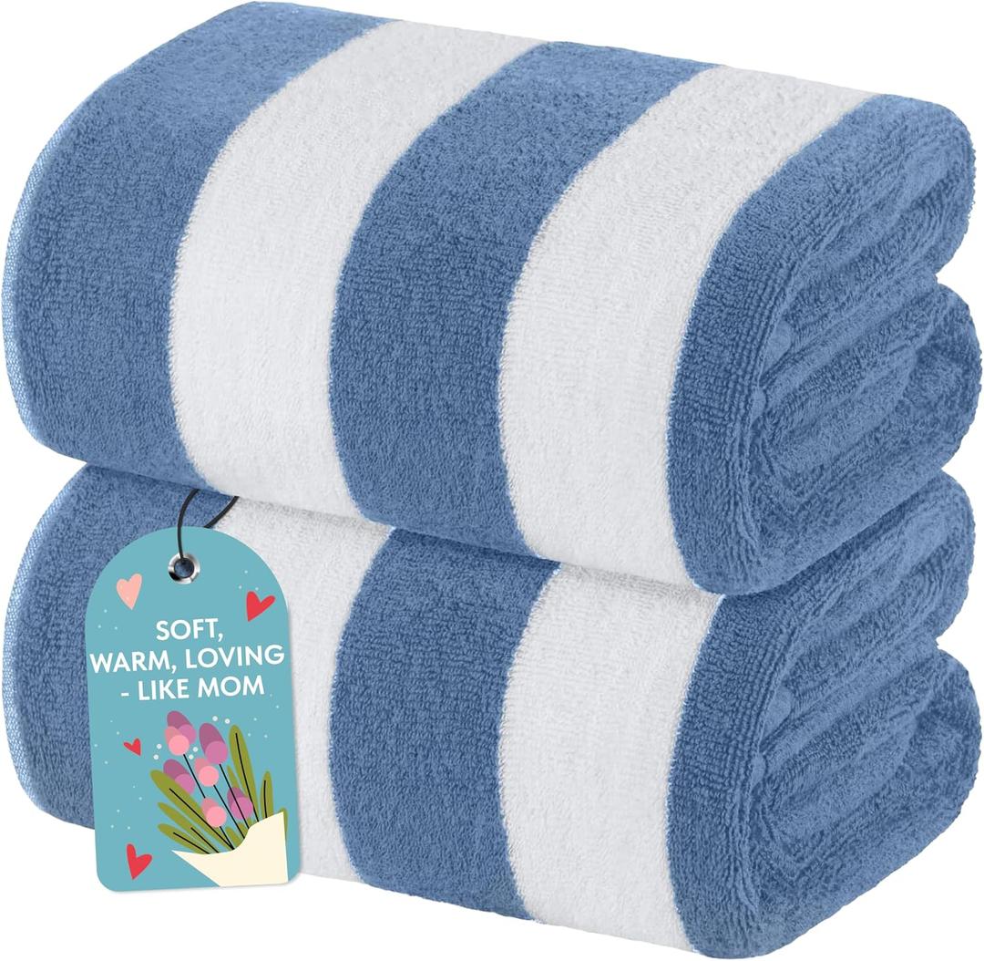 White Classic Beach Towels Oversized Cabana Stripe Cotton Bath Towel Large - Luxury Plush Thick Hotel Swim Pool Towels for Adults Super Absorbent Quick Dry - 35x70 Light Blue [2 Pack]