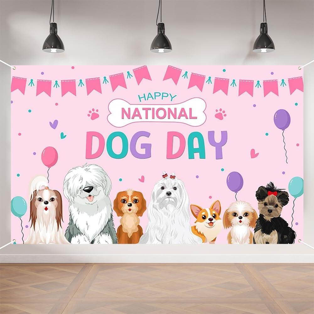 5 x Aperturee Happy National Dog Day Banner  70.8x43.3in Pink Dog Celebration Sign with Cute Cartoon Puppies, Bunting & Hearts for Pet Parties
