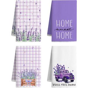 4 Pcs Lavender Spring Kitchen Towel Set Funny Housewife Farmhouse Rustic Bath Hand Towel for Holiday Bathroom Gift, 24 x 16 Inches(Purple,Lavender)