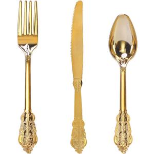 WDF 300 Pieces Gold Plastic Silverware Disposable - Heavy Duty Plastic Cutlery - Gold Silverware Sets Includes 100 Forks, 100 Spoons, 100 Knives (Gold - Baroque)