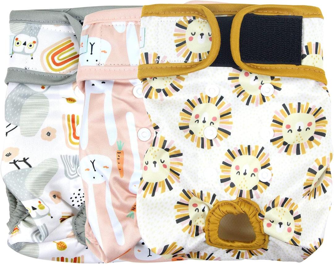 Langsprit Washable Female Dog Diapers (3 Pack) - No Leak Reusable Diapers for Doggy Female in Period - Highly Absorbent Dog Heat Panties with Adjustable Snaps (Rabbit, Owl, Lion, X-Large)