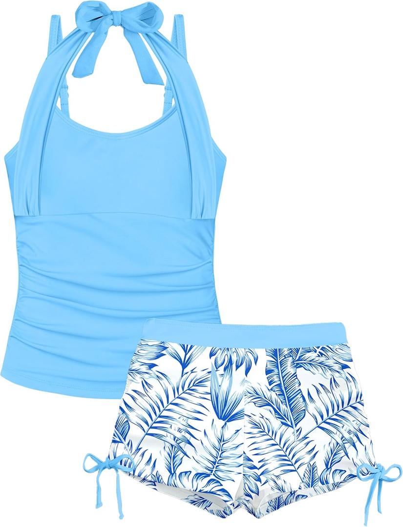 Girls Swimsuit 2 Piece Halterneck Girls Tankini Swimsuit Drawstring Printed Swim Shorts Girl Bathing Suit for 7-16T (13-14 Years, Sky Blue)