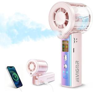 Portable Handheld Fan with Cooling Mist, 30000 RPM High Speed Turbo Personal Fan with Adjustable Speeds, 3000mAh Rechargeable Mini Misting Fan with LED Display for Travel Outdoor Makeup, Pink