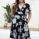 Kissmay Plus Size Womens V Neck Floral Cocktail Party Midi Dresses with Pocket, Size 16W (Black)