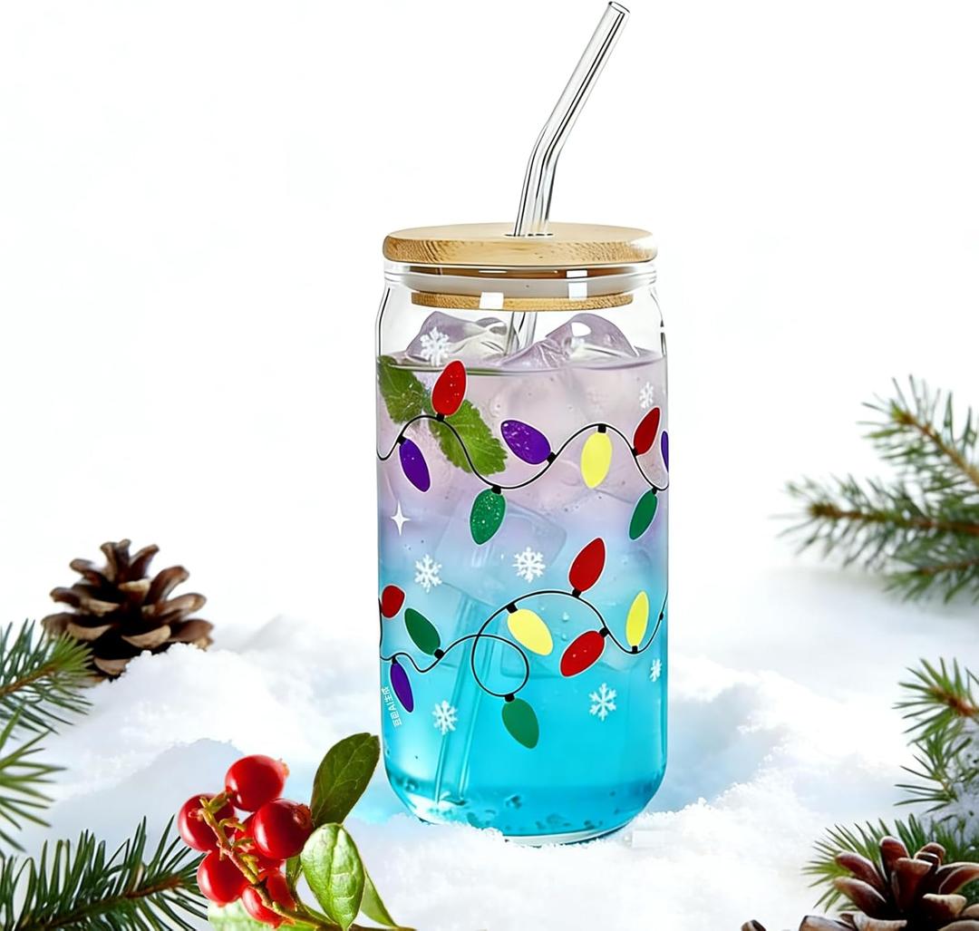 Color Changing Christmas Glass Cups - 16 Oz Iced Coffee Cups with Lids & Straws, Party-Reason Drinkware for Milkshakes, Juice & Iced Beverages, Festive Holiday Gift Set