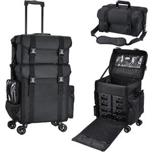 Stagiant Professional Rolling Makeup Case Soft Sided Cosmetology Organizer Wheeled Nylon Train Case Portable Travel Supply Station for Makeup Artist Nail Technician Hair Stylist Crafters