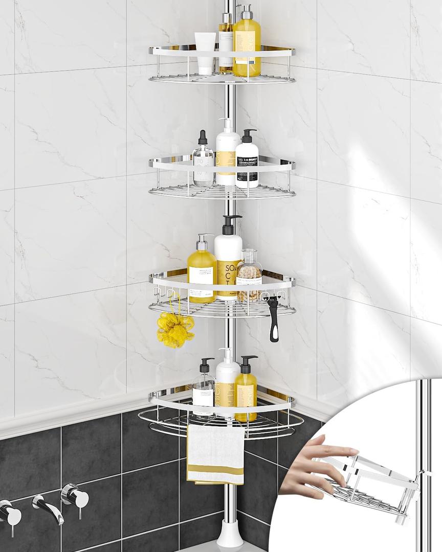 SEIRIONE Rustproof Shower Corner Caddy Organizer for Bathroom, 4 Adjustable Shelves with Tension Pole, for Bathtub Shampoo Accessories Storage Holder, 39.2 to 113 Inch Height (Stainless)