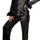Aopwsrlyi Satin Pajama Set for Women Feather Trim Long Sleeve Sleepwear Shirt Matching Pants Bride Pjs Lounge Set (Black, L)