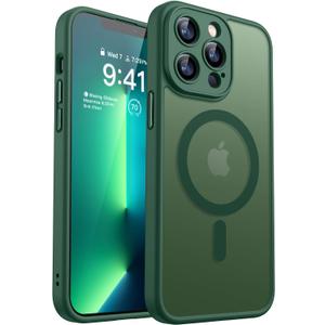 CANSHN Magnetic Compatible with iPhone 13 Pro Case, Upgraded [Full Camera Protection] [Compatible with Magsafe] [Translucent Matte] Shockproof Protective Phone Case Cover 6.1 Inch - Deep Green