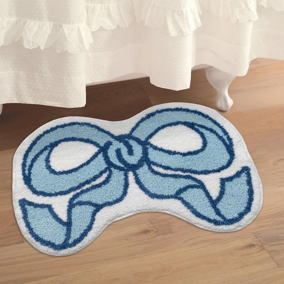 Coquette Bow Rug Blue Bath Mat Bathroom Rugs, Non Slip Cute Bath Rugs Microfiber Plush Bow Decor, Small Preppy Room Decor Washable Absorbent Girls Bedside Rug for Bathtub Sink 35"x24"