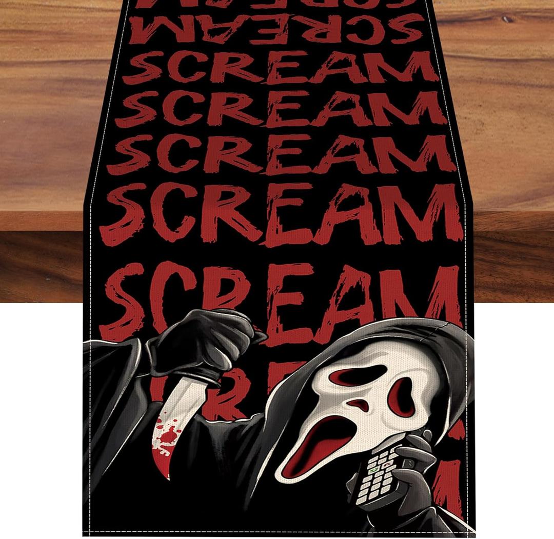 Halloween Horror Classic Movie Table Runner, Scream Grim Reaper Kitchen Dining Table Decoration, Scary Burlap Indoor Outdoor Home Decor Party Supply 13 x 60 Inches