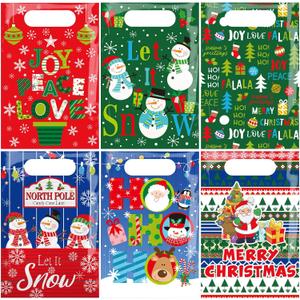 150 Pcs Winter Snowman Goodie Bags with Handles Christmas Plastic Gift Bags Bulk for Winter Party Treat Candy for Holiday Cookie Goody Gift Party Favor Supplies, 6 Styles