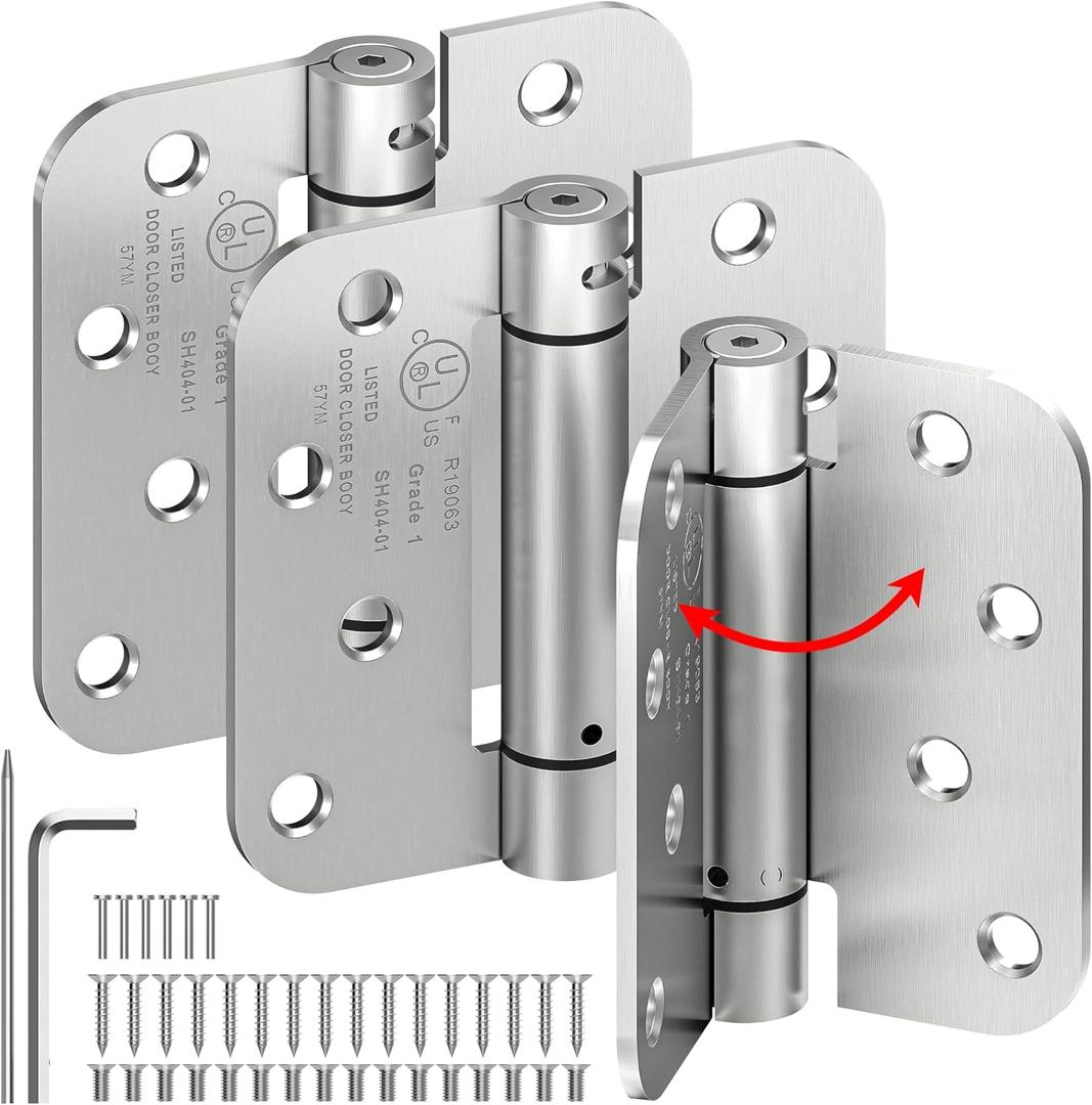 3-Pack Self Closing Door Hinges, 4 Inch Spring Loaded Door Hinges, Adjustable Tension for Exterior,Garage, Front Back Door,Left Right Hand Door, 5/8'' Radius Corners,UL Listed,Brushed Nickel