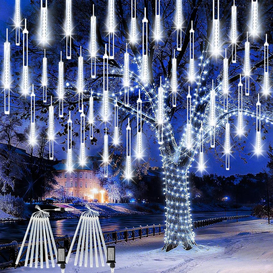 2-Pack Christmas Lights Outdoor, 16Tubes 384LEDs Extendable Meteor Shower Lights, Falling Rain Light Waterproof Plug in Tree Light for Christmas Backyard Garden Patio Xmas Decoration (Cool White)