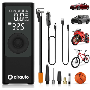 Airauto Tire Inflator Portable Air Compressor - Air Pump For Car Tires with Digital Pressure Gauge, LED Light and Auto Shut-Off Function - Cordless Pump for Car, Motorcycle, Bicycle, Balls and More
