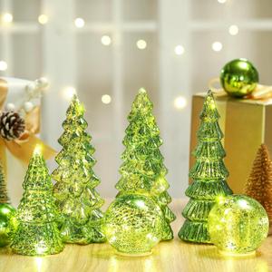 Syhood 6 Pcs Lime Green Mercury Glass Christmas Tree for Tabletop Light up Figurine Christmas Tree Mercury Cracked Glass Globe with Light for Xmas Decor Home Party Centerpiece Mantel Gift