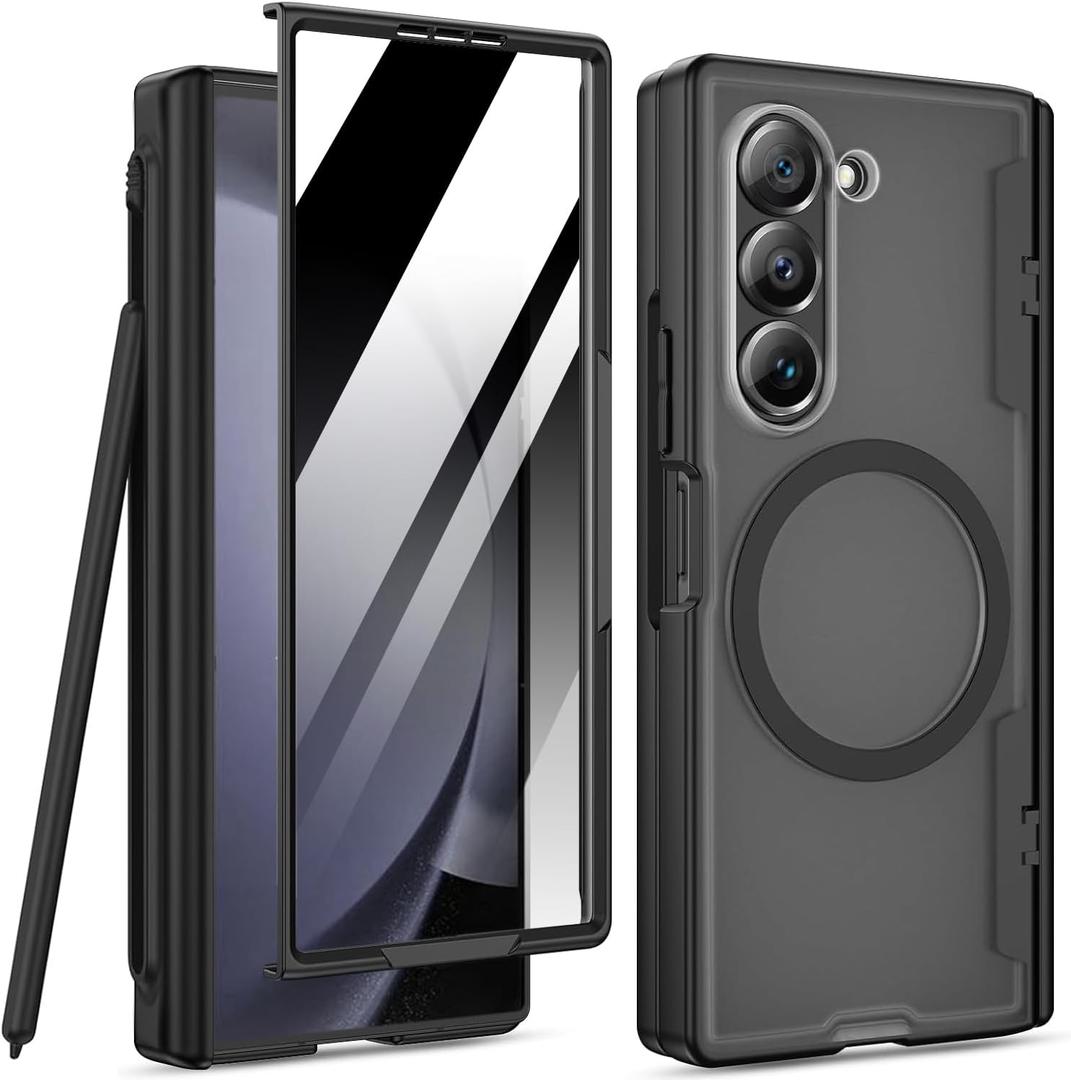 Magnetic for Samsung Galaxy Z Fold 5 Privacy Case,Z Fold5 Phone Case with [Hinge Protection][S Pen Holder][Anti Spy Screen Protector],Frosted Protective Slim Cover for Samsung Fold Z 5,Black