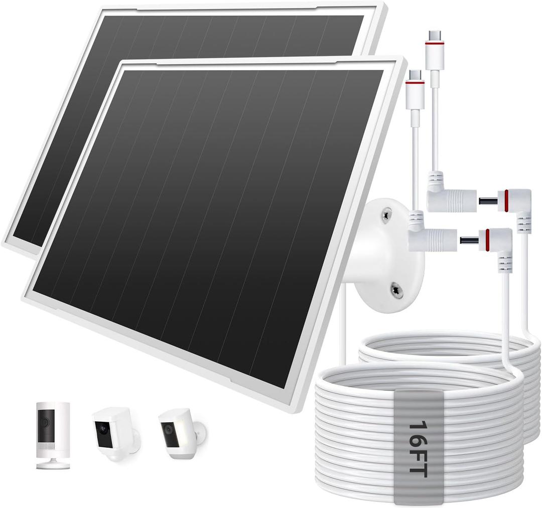 2 Pack Solar Panel for Ring Camera, 8W Solar Charger Compatible with Stick Up Cam Pro/Plus & Spotlight Cam (Battery) Plus/Pro - Waterproof, 16ft Long Cable, DC3.5mm & USB C Ports, White