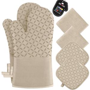 KEGOUU Oven Mitts and Pot Holders 6pcs Set, Kitchen Oven Glove High Heat Resistant 500 Degree Extra Long Oven Mitts and Potholder with Non-Slip Silicone Surface for Cooking (Almond)