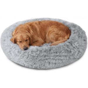 JOLLYVOGUE Calming Dog Bed Medium Size Dog, 31in Donut Washable Medium Pet Bed, Anti-Slip & Anti-Anxiety Fluffy Faux Fur Round Dogs Bed, Fits up to 45 lbs Pets (Smoke Grey)