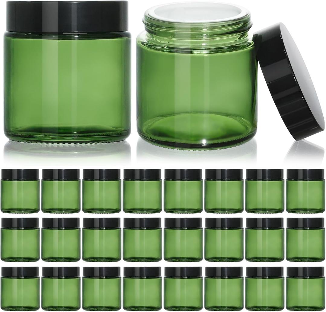 KEYWING 4oz Small Glass Jars with Black Lids, 24 Pack Green Cosmetic Containers Round Glass Jar with Inner Liners for Lotions, Cream, Powders and Ointments